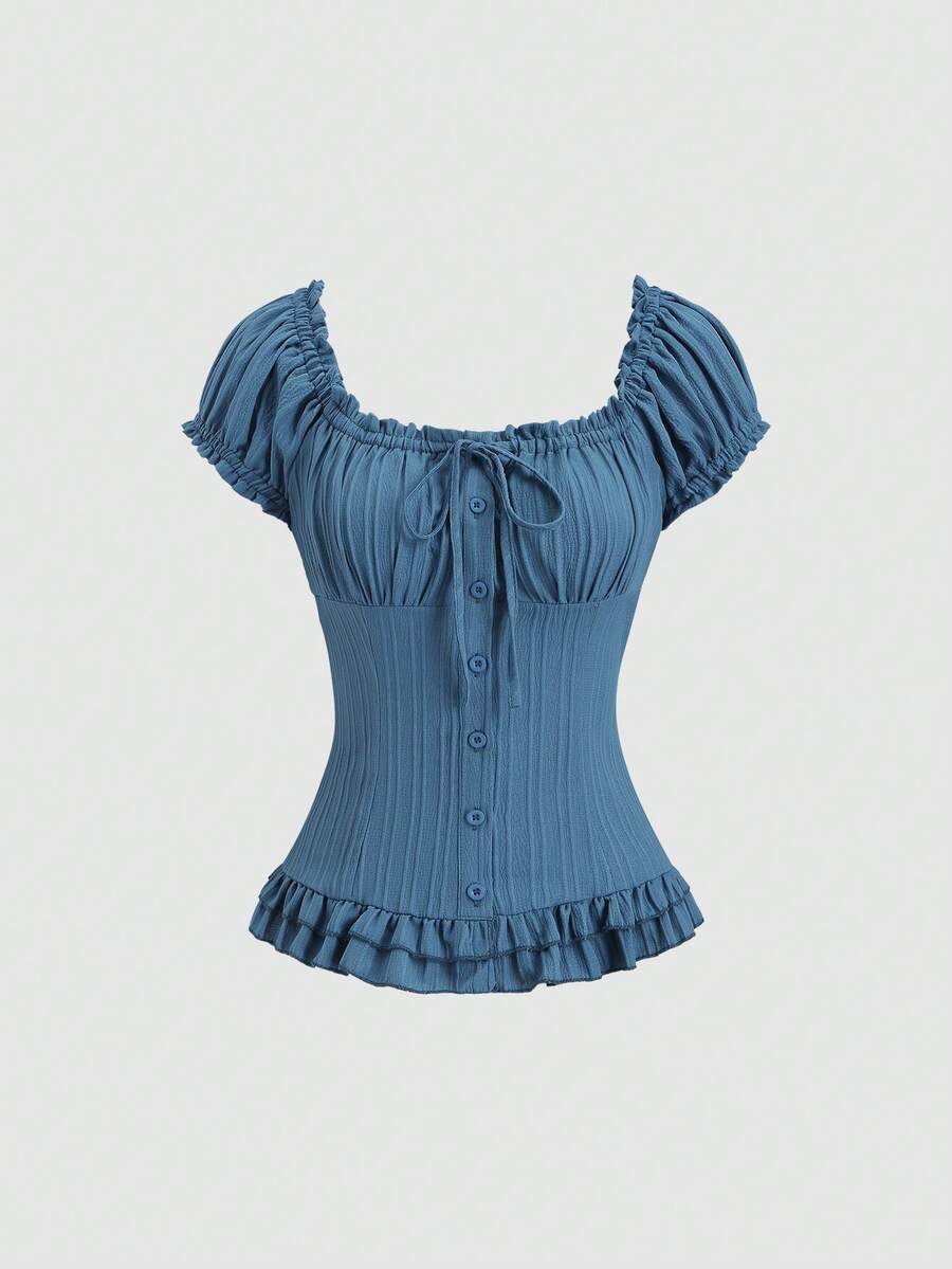 Sweetra Women's Summer Solid Color Ruffle Hem Tie Waist Short Sleeve Blouse
