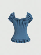 Sweetra Women's Summer Solid Color Ruffle Hem Tie Waist Short Sleeve Blouse