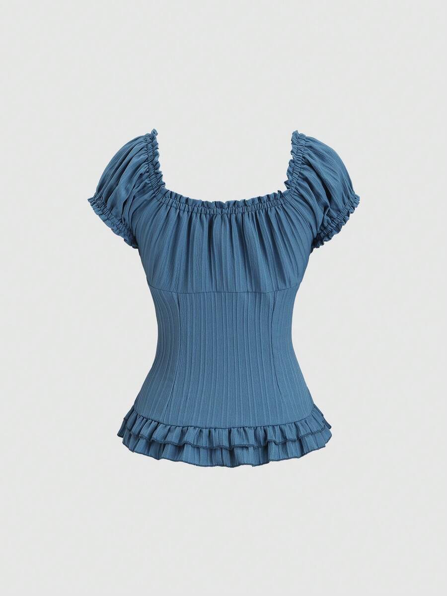 Sweetra Women's Summer Solid Color Ruffle Hem Tie Waist Short Sleeve Blouse