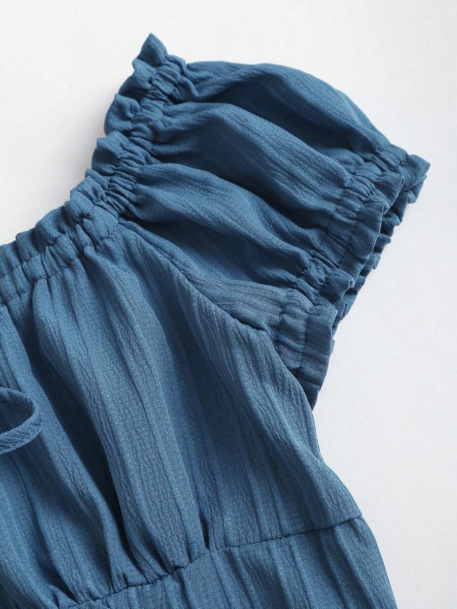 Sweetra Women's Summer Solid Color Ruffle Hem Tie Waist Short Sleeve Blouse