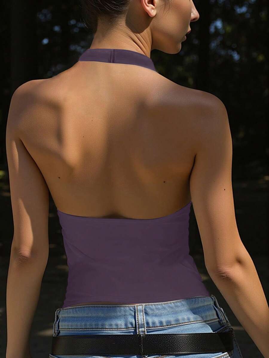 INAWLY Women's Solid Color Minimalist Halter Neck Camisole, Everyday Wear