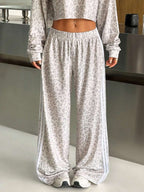Muchica Women's White Striped Knitted Sweatpants Extra Long Straight Leg Pink Side Stripe Loose Fit Casual Track Pants For Everyday Wear White Beach Pants White Wide Leg Pants Women Wide Pants Wide Leg Summer Pants Palazzo Pants Women White Track Pants Women