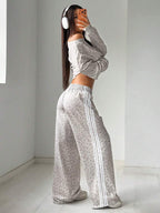 Muchica Women's White Striped Knitted Sweatpants Extra Long Straight Leg Pink Side Stripe Loose Fit Casual Track Pants For Everyday Wear White Beach Pants White Wide Leg Pants Women Wide Pants Wide Leg Summer Pants Palazzo Pants Women White Track Pants Women