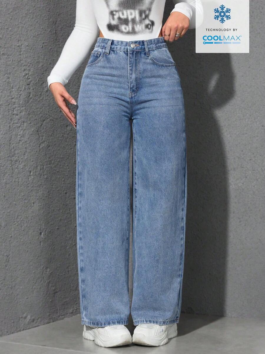 SHEIN ICON Casual Relaxed-Fit High-Waist Straight Leg Denim Jeans