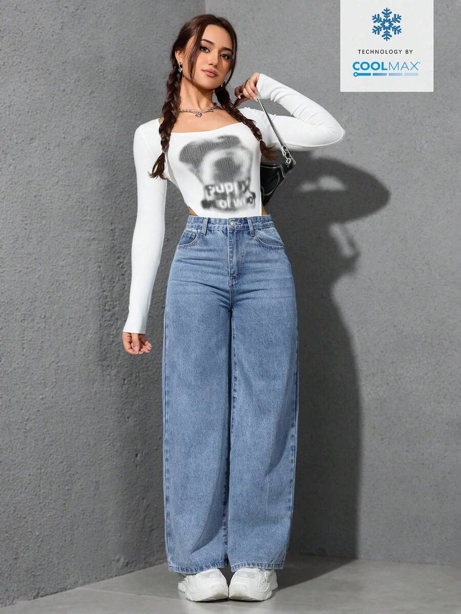 SHEIN ICON Casual Relaxed-Fit High-Waist Straight Leg Denim Jeans