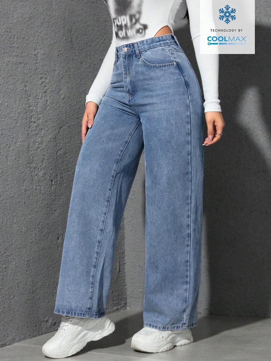 SHEIN ICON Casual Relaxed-Fit High-Waist Straight Leg Denim Jeans