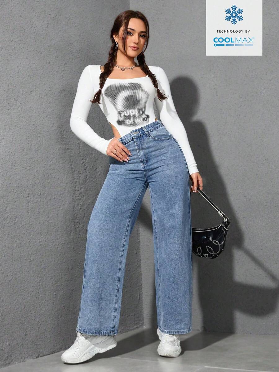 SHEIN ICON Casual Relaxed-Fit High-Waist Straight Leg Denim Jeans