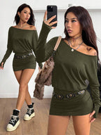 Coolane Women's Fall Y2K Basic Daily Wear Casual Black Knit Asymmetrical Shoulder Batwing Sleeve Beltless Mini Dress