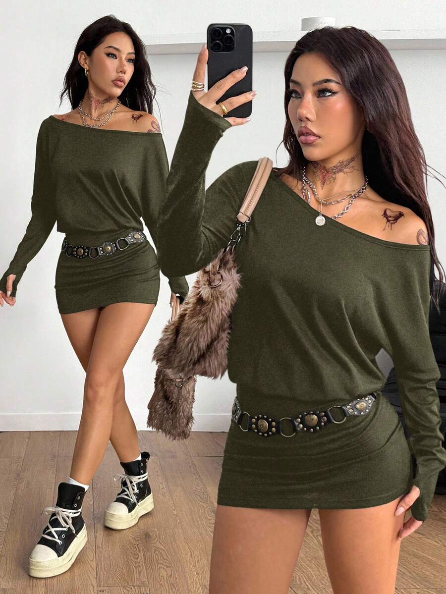 Coolane Women's Fall Y2K Basic Daily Wear Casual Black Knit Asymmetrical Shoulder Batwing Sleeve Beltless Mini Dress