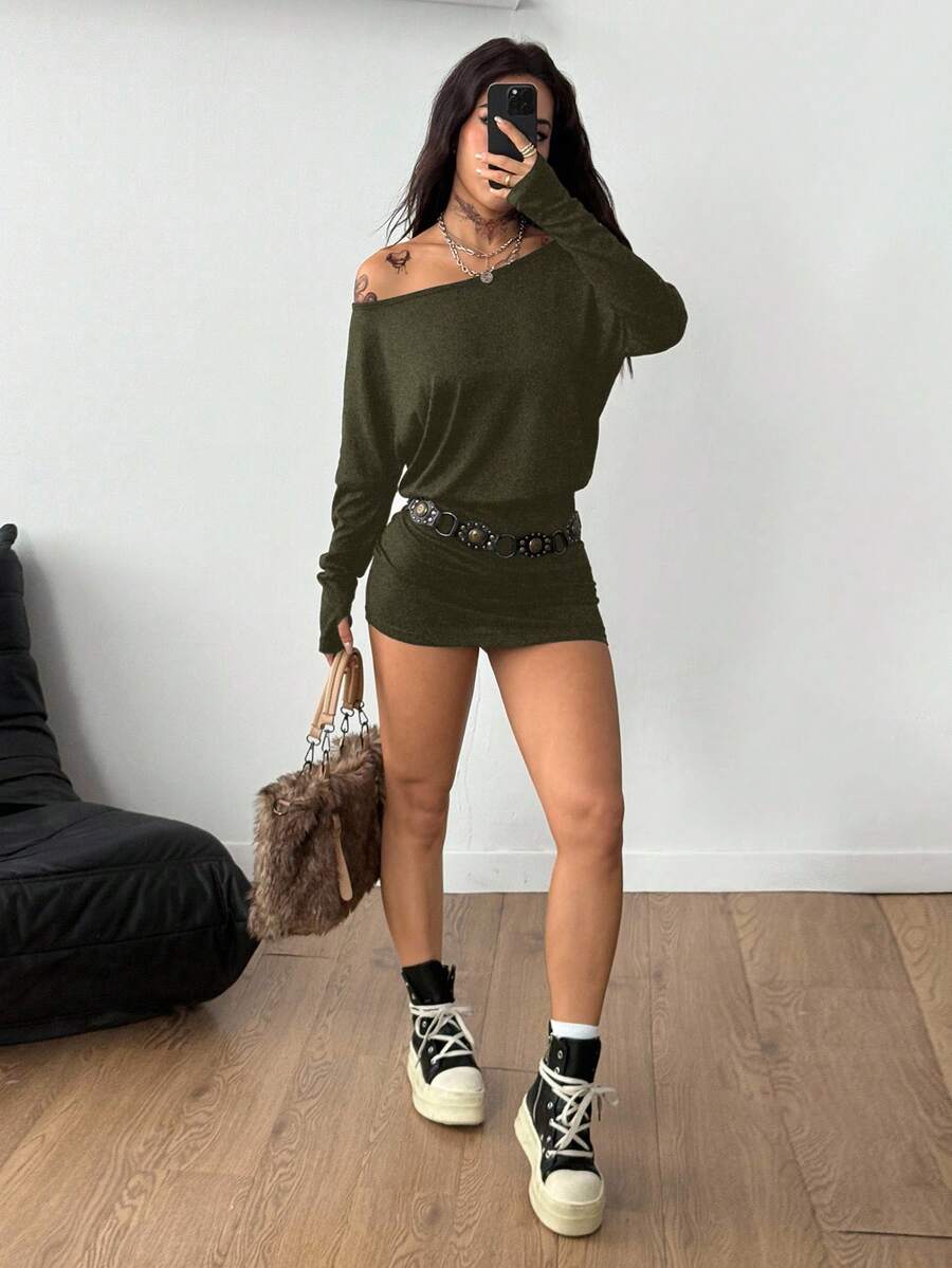 Coolane Women's Fall Y2K Basic Daily Wear Casual Black Knit Asymmetrical Shoulder Batwing Sleeve Beltless Mini Dress