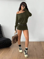 Coolane Women's Fall Y2K Basic Daily Wear Casual Black Knit Asymmetrical Shoulder Batwing Sleeve Beltless Mini Dress