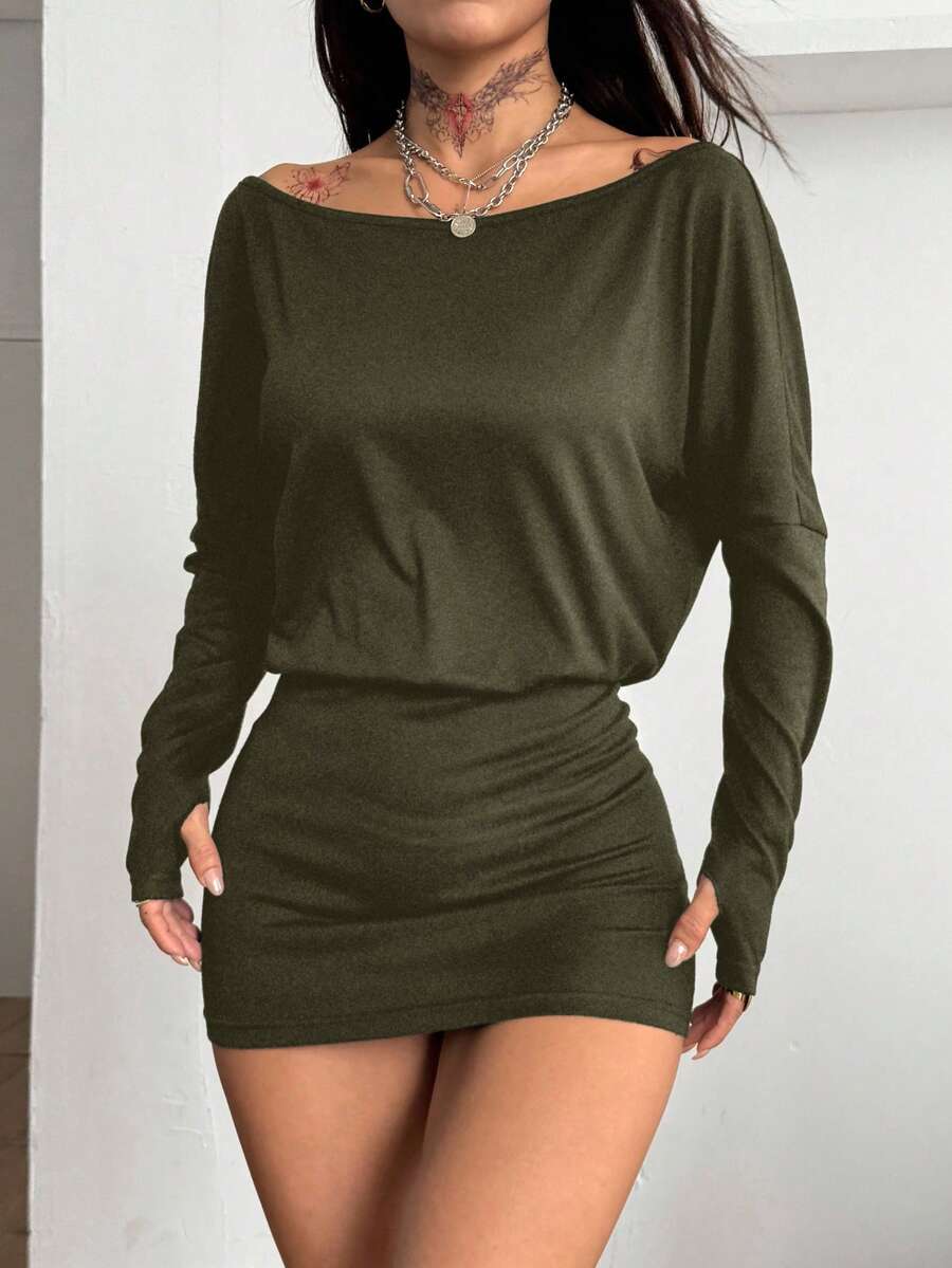 Coolane Women's Fall Y2K Basic Daily Wear Casual Black Knit Asymmetrical Shoulder Batwing Sleeve Beltless Mini Dress