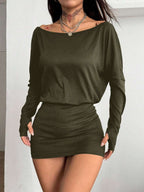 Coolane Women's Fall Y2K Basic Daily Wear Casual Black Knit Asymmetrical Shoulder Batwing Sleeve Beltless Mini Dress