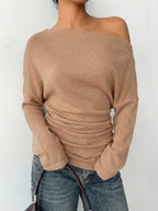 Aloruh Grey Knit Oblique Shoulder Casual Commuter Top, Autumn,Solid Color T-Shirt,Long-Sleeved T-Shirt,Old Money Style,Simple,Commuting,Business Casual Outfits Women,Office Outfits For Women,Work Tops,Fall Clothes,Autumn Outfits For Women,Off The Shoulder Top