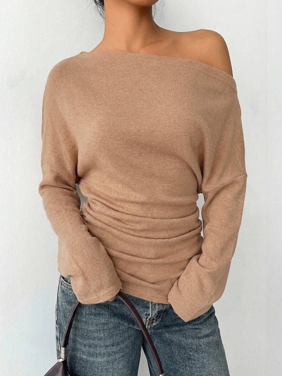 Aloruh Grey Knit Oblique Shoulder Casual Commuter Top, Autumn,Solid Color T-Shirt,Long-Sleeved T-Shirt,Old Money Style,Simple,Commuting,Business Casual Outfits Women,Office Outfits For Women,Work Tops,Fall Clothes,Autumn Outfits For Women,Off The Shoulder Top