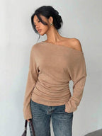 Aloruh Grey Knit Oblique Shoulder Casual Commuter Top, Autumn,Solid Color T-Shirt,Long-Sleeved T-Shirt,Old Money Style,Simple,Commuting,Business Casual Outfits Women,Office Outfits For Women,Work Tops,Fall Clothes,Autumn Outfits For Women,Off The Shoulder Top