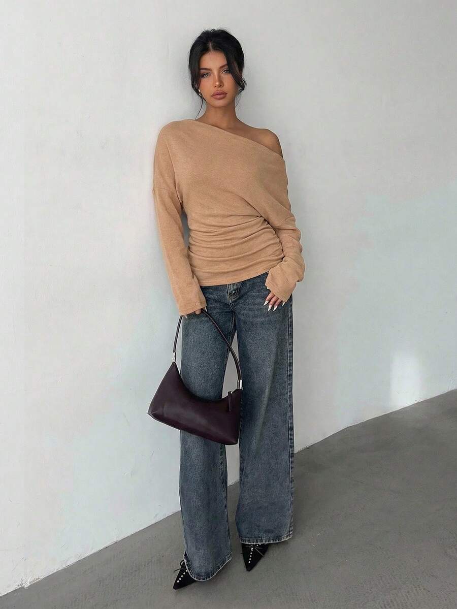 Aloruh Grey Knit Oblique Shoulder Casual Commuter Top, Autumn,Solid Color T-Shirt,Long-Sleeved T-Shirt,Old Money Style,Simple,Commuting,Business Casual Outfits Women,Office Outfits For Women,Work Tops,Fall Clothes,Autumn Outfits For Women,Off The Shoulder Top