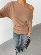 Aloruh Grey Knit Oblique Shoulder Casual Commuter Top, Autumn,Solid Color T-Shirt,Long-Sleeved T-Shirt,Old Money Style,Simple,Commuting,Business Casual Outfits Women,Office Outfits For Women,Work Tops,Fall Clothes,Autumn Outfits For Women,Off The Shoulder Top