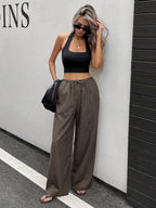 Siren Gaze Women Linen Low-Waist Straight Leg Casual Pants, Summer Holiday Style Business Casual Woman,Linen Pants Black