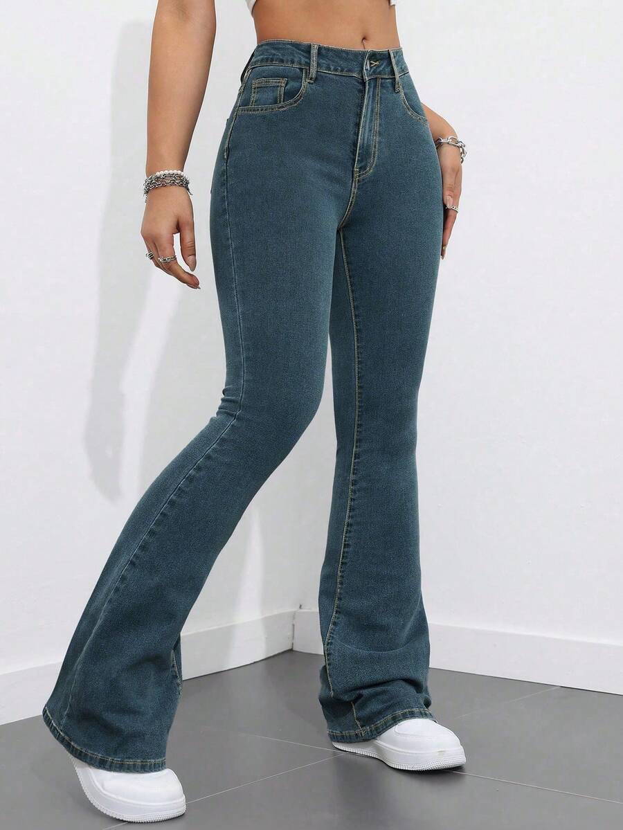 Flexra Women Flared Pocket Casual All-Match Denim Flared Jeans Y2k Bootcut Jeans