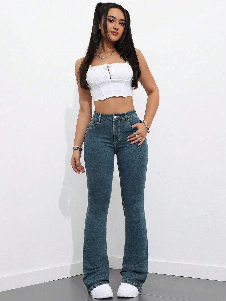 Flexra Women Flared Pocket Casual All-Match Denim Flared Jeans Y2k Bootcut Jeans