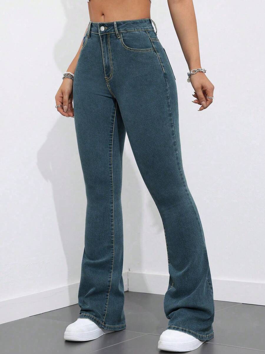 Flexra Women Flared Pocket Casual All-Match Denim Flared Jeans Y2k Bootcut Jeans