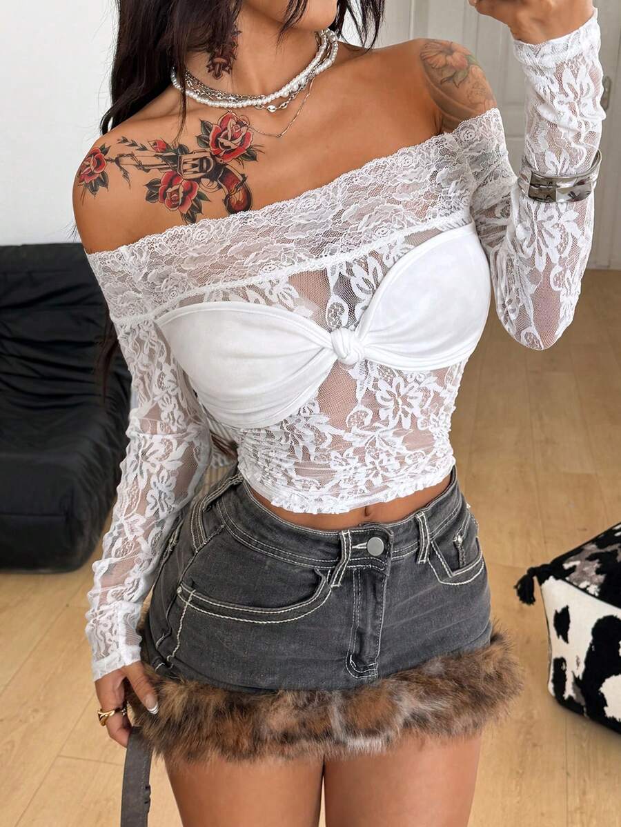 Coolane Women's Winter Streetwear Basic Casual Y2K Rib Knit Witchy Goth Music Festival  Lace Patchwork Off The Shoulder Warm/ Cold Weather/ Thermal Long Sleeve Black Top