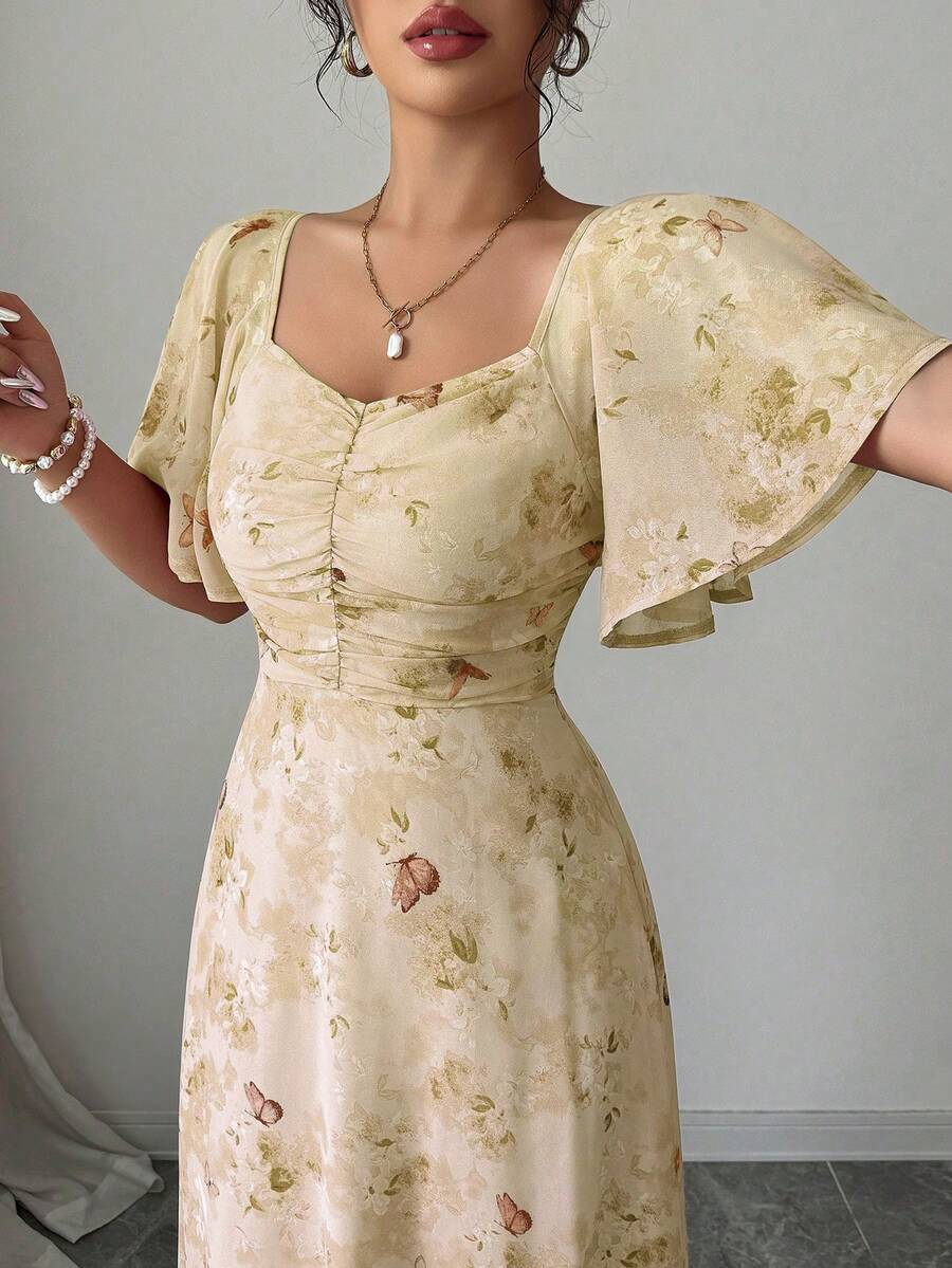 Modelyn Women Chiffon Butterfly Print Batwing Sleeve Drawstring Sweet French Style Mini Dress, Summer