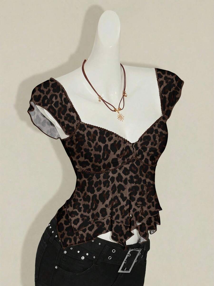 SHEIN ICON Women Ruched Front Slim-Fit Sexy Mesh Patchwork Tie Back Flutter Sleeveless Cami Top, Casual Vacation Top Ruffle Top