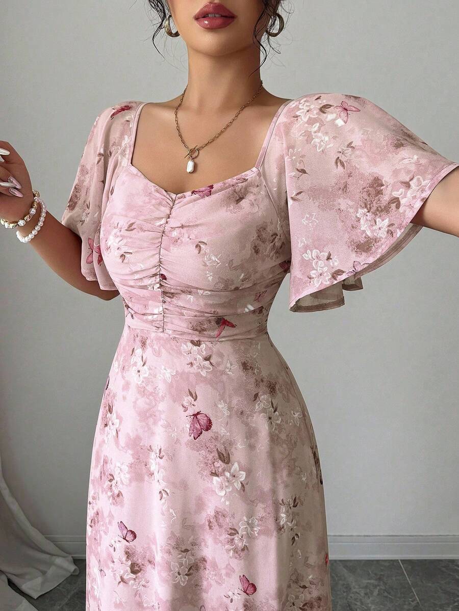 Modelyn Women Chiffon Butterfly Print Batwing Sleeve Drawstring Sweet French Style Mini Dress, Summer