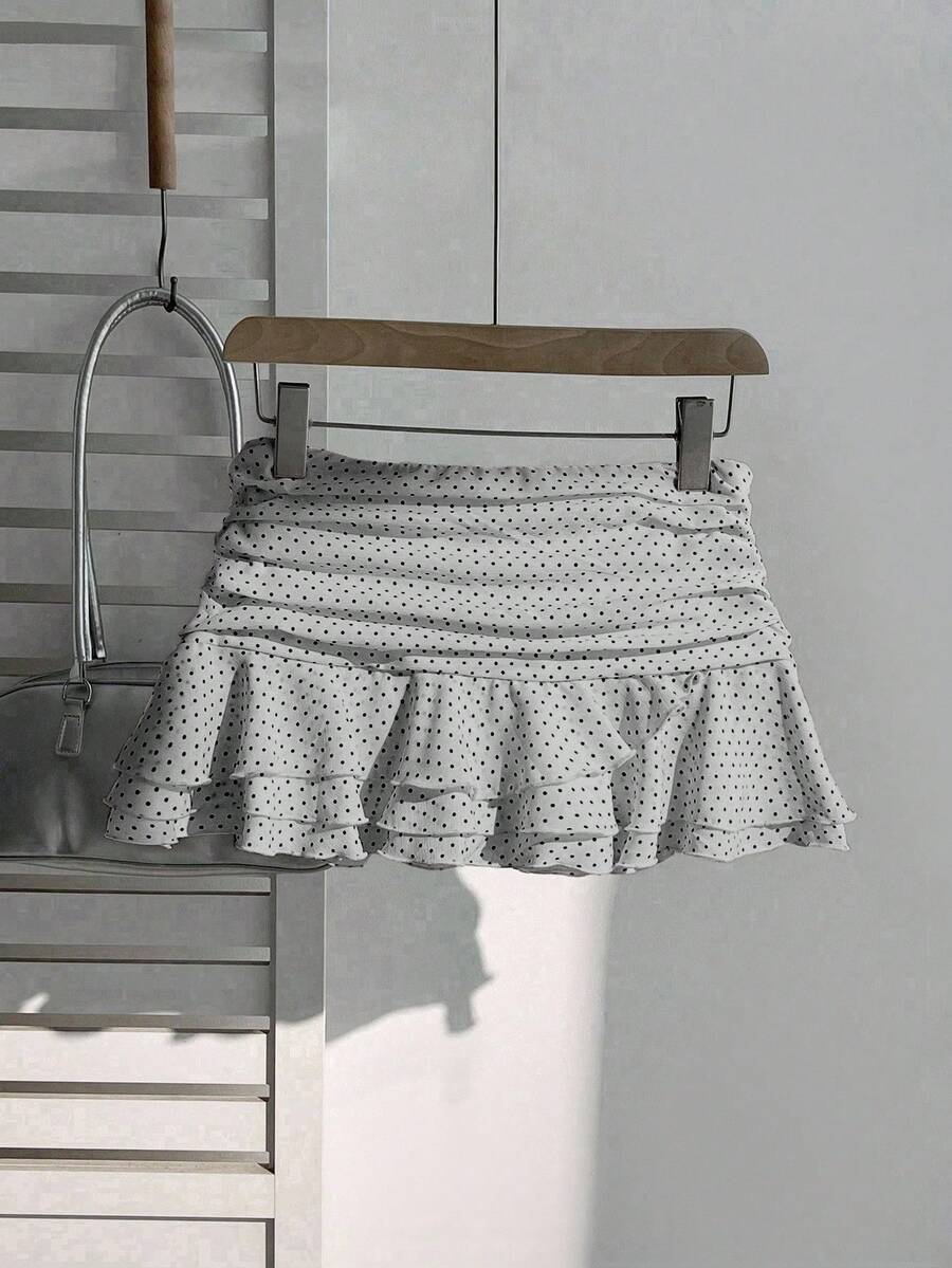 Elamini Women's Fashion Pleated Layered Decor Sweet Design Charming Polka Dot Ruffle Hem Vacation Style Skirt