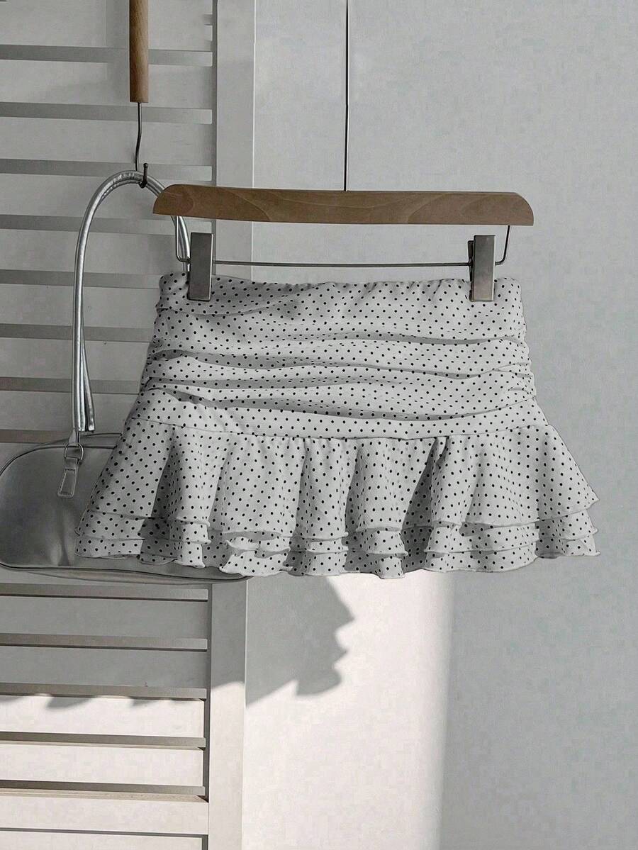 Elamini Women's Fashion Pleated Layered Decor Sweet Design Charming Polka Dot Ruffle Hem Vacation Style Skirt