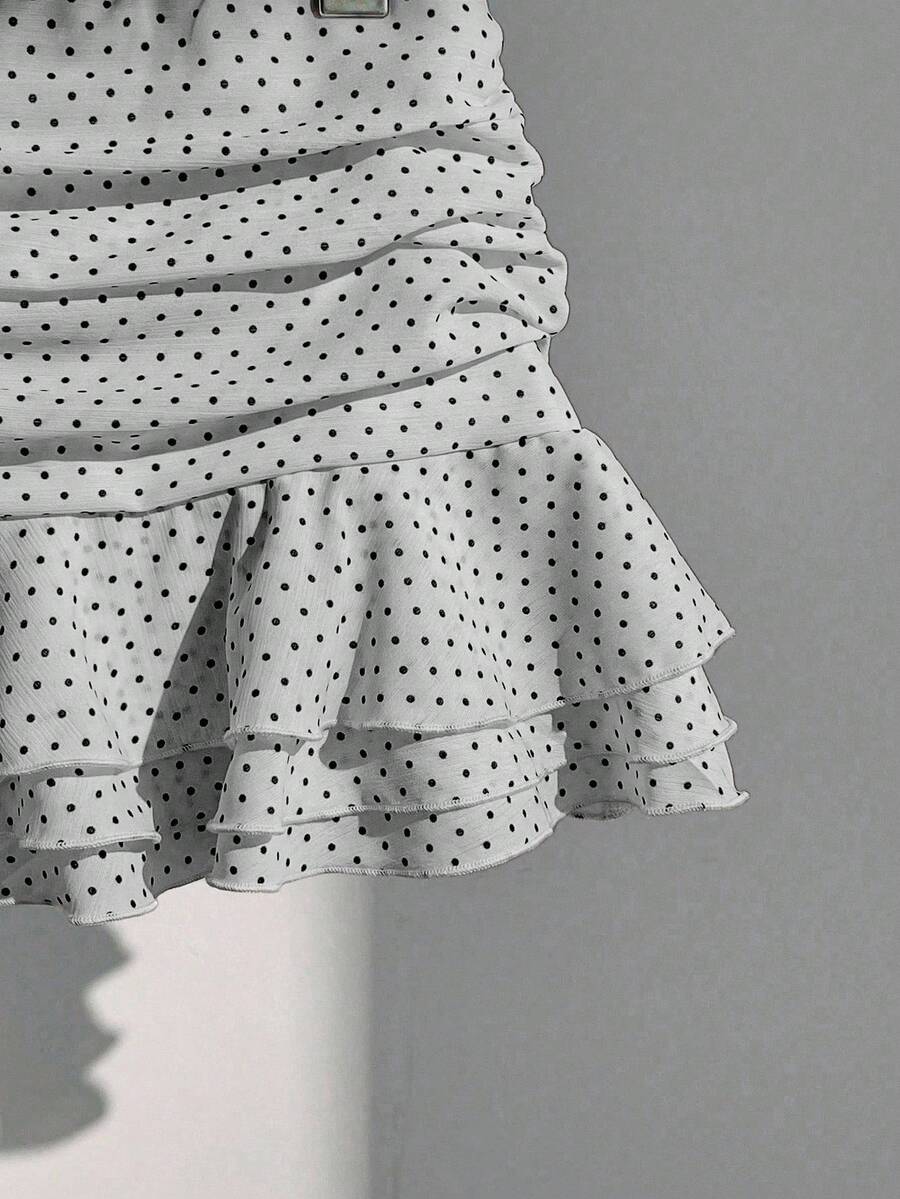 Elamini Women's Fashion Pleated Layered Decor Sweet Design Charming Polka Dot Ruffle Hem Vacation Style Skirt