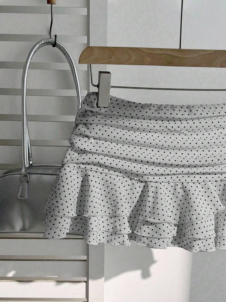 Elamini Women's Fashion Pleated Layered Decor Sweet Design Charming Polka Dot Ruffle Hem Vacation Style Skirt