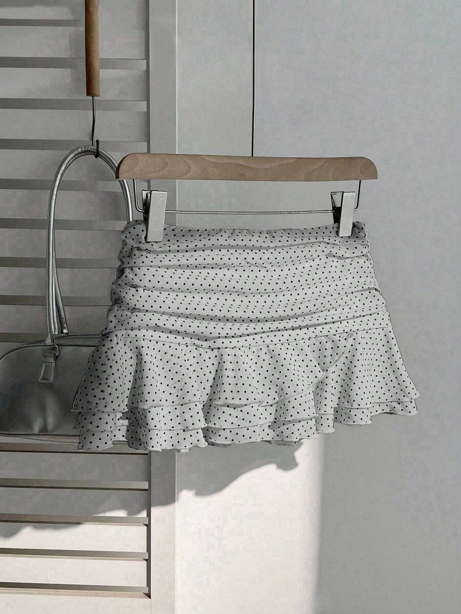 Elamini Women's Fashion Pleated Layered Decor Sweet Design Charming Polka Dot Ruffle Hem Vacation Style Skirt