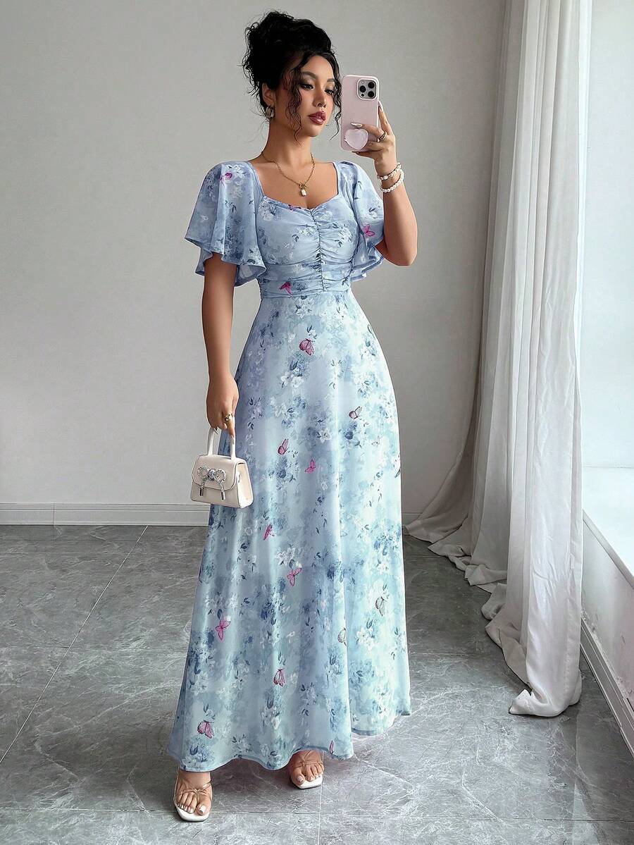 Modelyn Women Chiffon Butterfly Print Batwing Sleeve Drawstring Sweet French Style Mini Dress, Summer