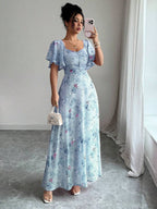 Modelyn Women Chiffon Butterfly Print Batwing Sleeve Drawstring Sweet French Style Mini Dress, Summer