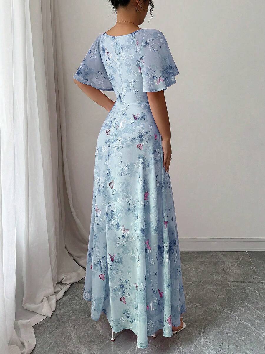 Modelyn Women Chiffon Butterfly Print Batwing Sleeve Drawstring Sweet French Style Mini Dress, Summer