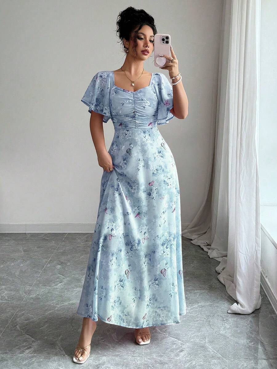 Modelyn Women Chiffon Butterfly Print Batwing Sleeve Drawstring Sweet French Style Mini Dress, Summer