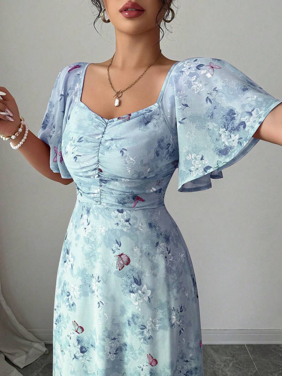 Modelyn Women Chiffon Butterfly Print Batwing Sleeve Drawstring Sweet French Style Mini Dress, Summer