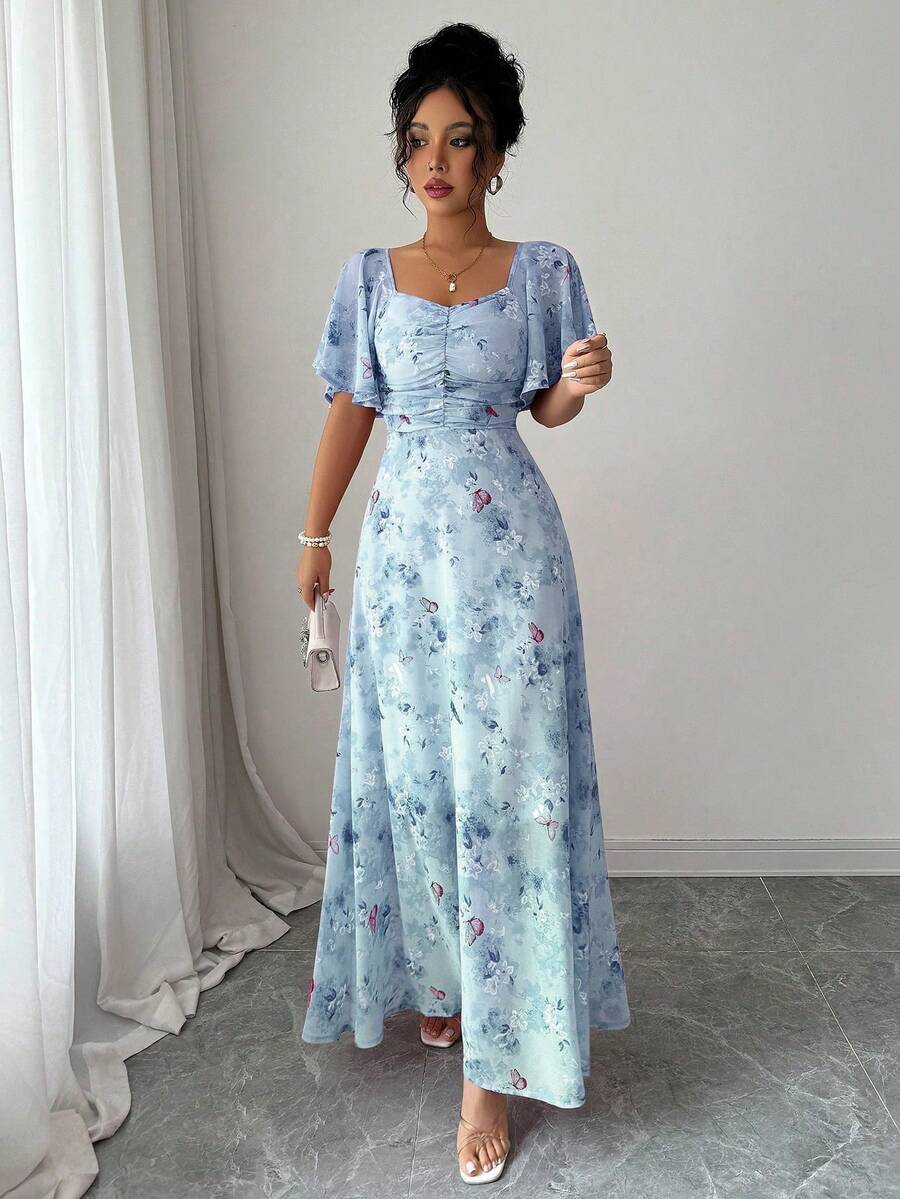 Modelyn Women Chiffon Butterfly Print Batwing Sleeve Drawstring Sweet French Style Mini Dress, Summer