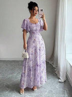 Modelyn Women Chiffon Butterfly Print Batwing Sleeve Drawstring Sweet French Style Mini Dress, Summer