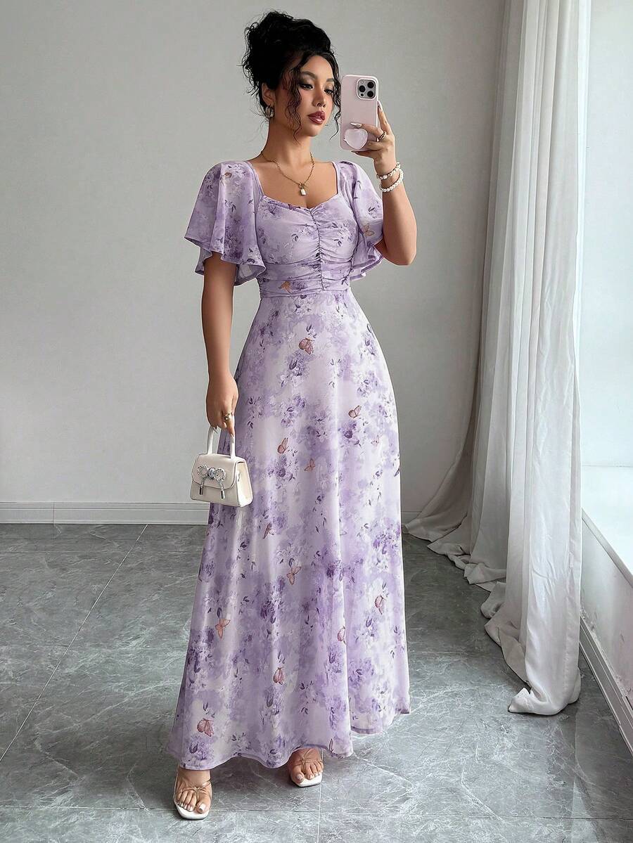 Modelyn Women Chiffon Butterfly Print Batwing Sleeve Drawstring Sweet French Style Mini Dress, Summer