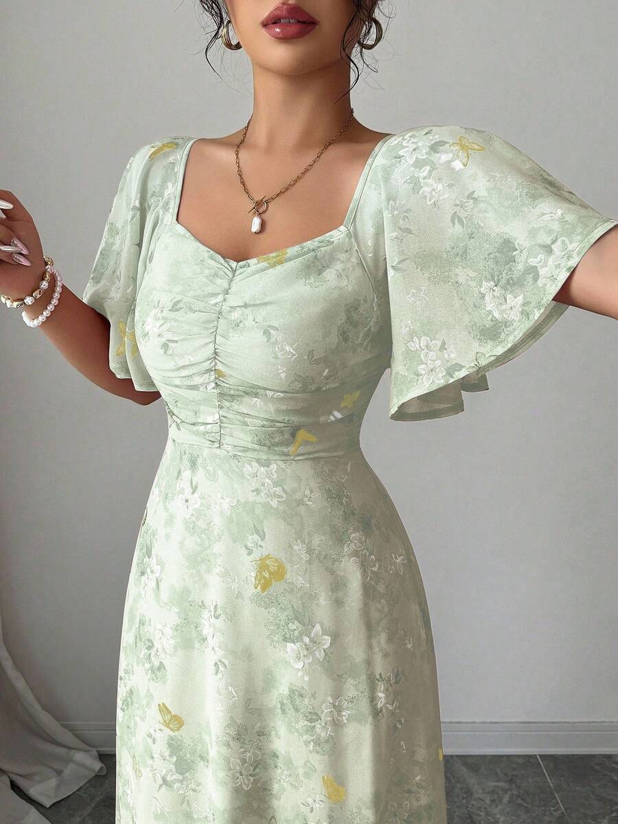 Modelyn Women Chiffon Butterfly Print Batwing Sleeve Drawstring Sweet French Style Mini Dress, Summer