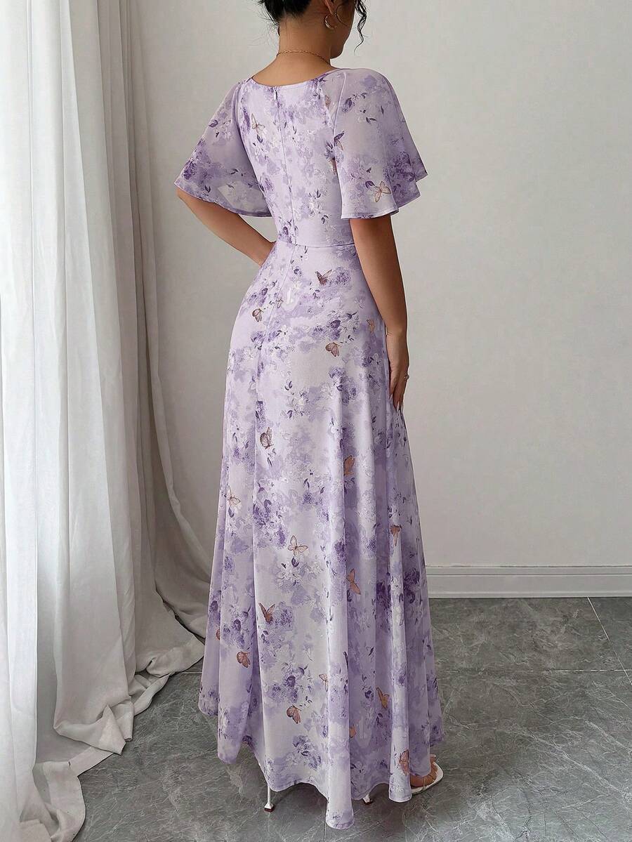 Modelyn Women Chiffon Butterfly Print Batwing Sleeve Drawstring Sweet French Style Mini Dress, Summer
