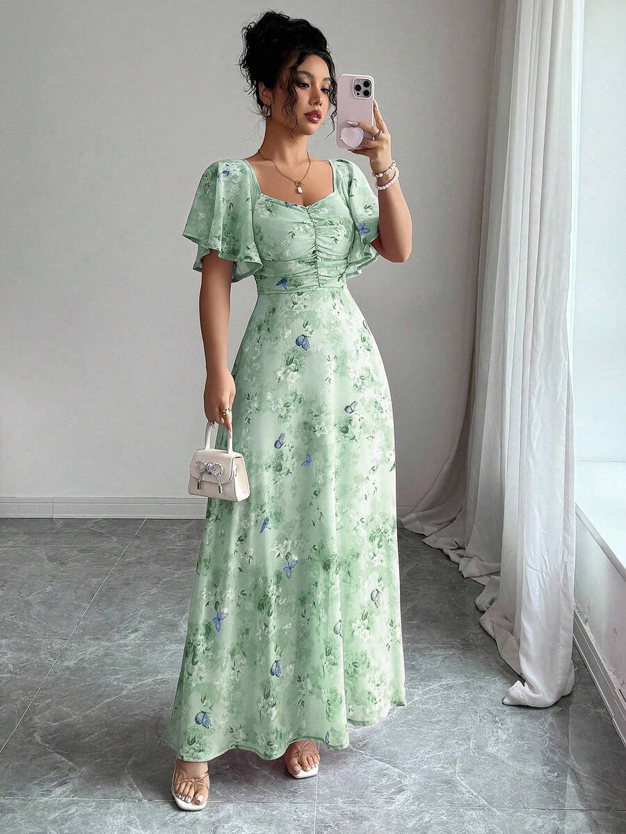 Modelyn Women Chiffon Butterfly Print Batwing Sleeve Drawstring Sweet French Style Mini Dress, Summer