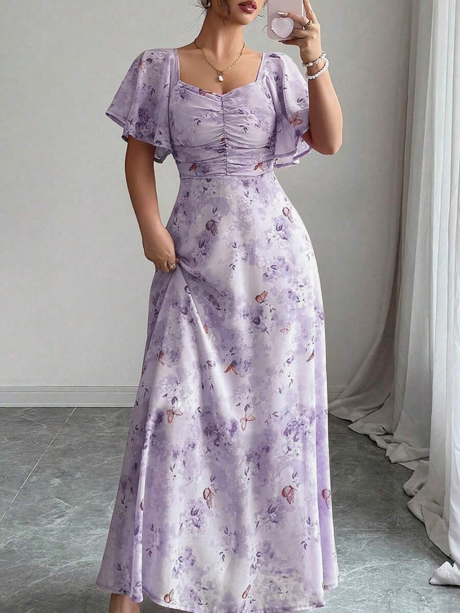 Modelyn Women Chiffon Butterfly Print Batwing Sleeve Drawstring Sweet French Style Mini Dress, Summer