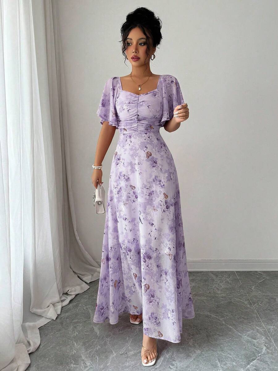 Modelyn Women Chiffon Butterfly Print Batwing Sleeve Drawstring Sweet French Style Mini Dress, Summer