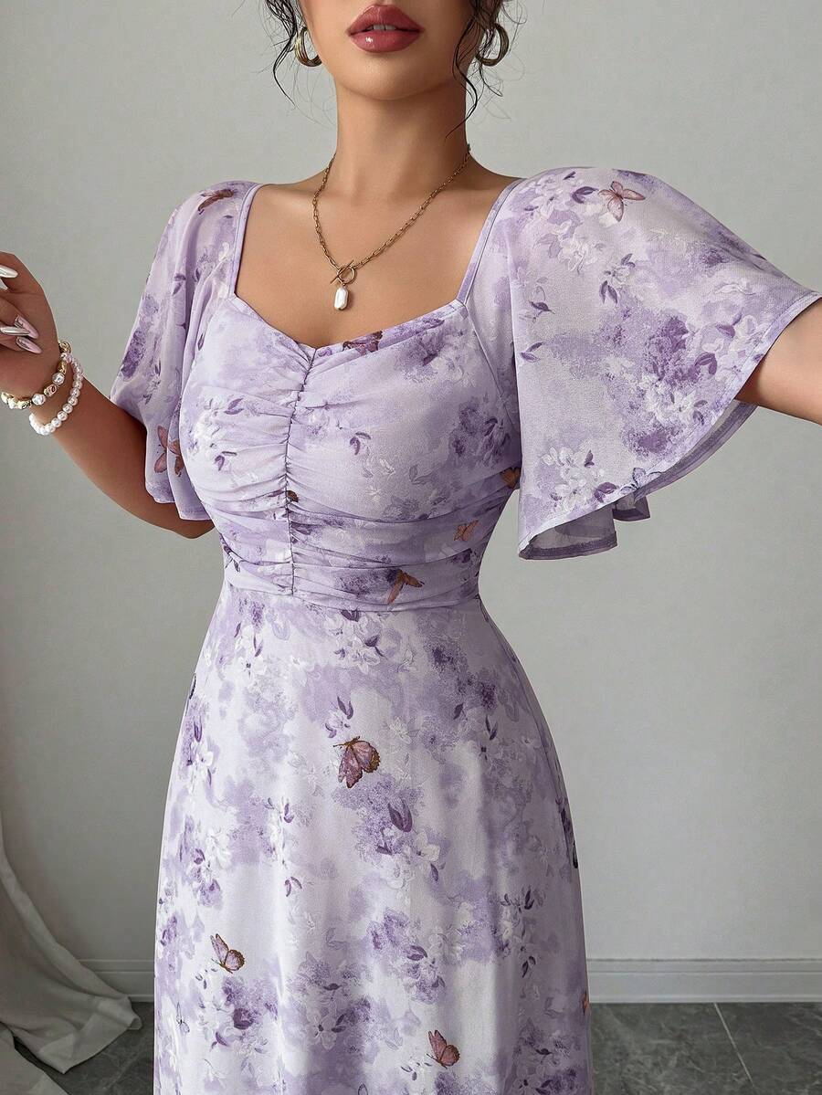 Modelyn Women Chiffon Butterfly Print Batwing Sleeve Drawstring Sweet French Style Mini Dress, Summer