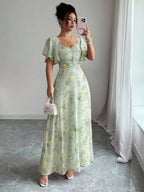 Modelyn Women Chiffon Butterfly Print Batwing Sleeve Drawstring Sweet French Style Mini Dress, Summer